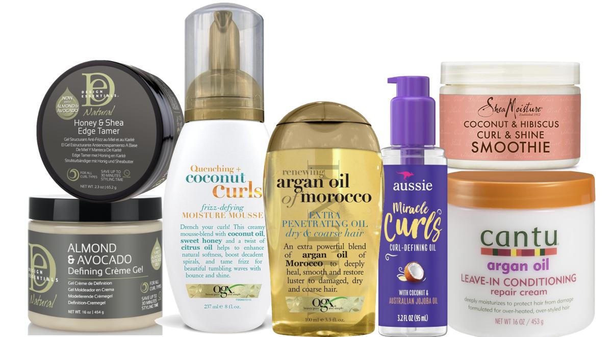 Images courtesy. Design Essentials Honey & Shea Edge Tamer, Design Essentials Natural Almond & Avocado Curl Strengthening Cream, OGX Quenching + Coconut Curls Frizz-Defying Moisture Mousse, OGX Renewing Argan Oil Oil of Morocco Extra Penetrating Oil, Aussie Miracle Curls Curl - Defining Oil, Shea Moisture Curl and Shine Smoothie, Cantu Argan Oil Leave-In Conditioning Repair Cream